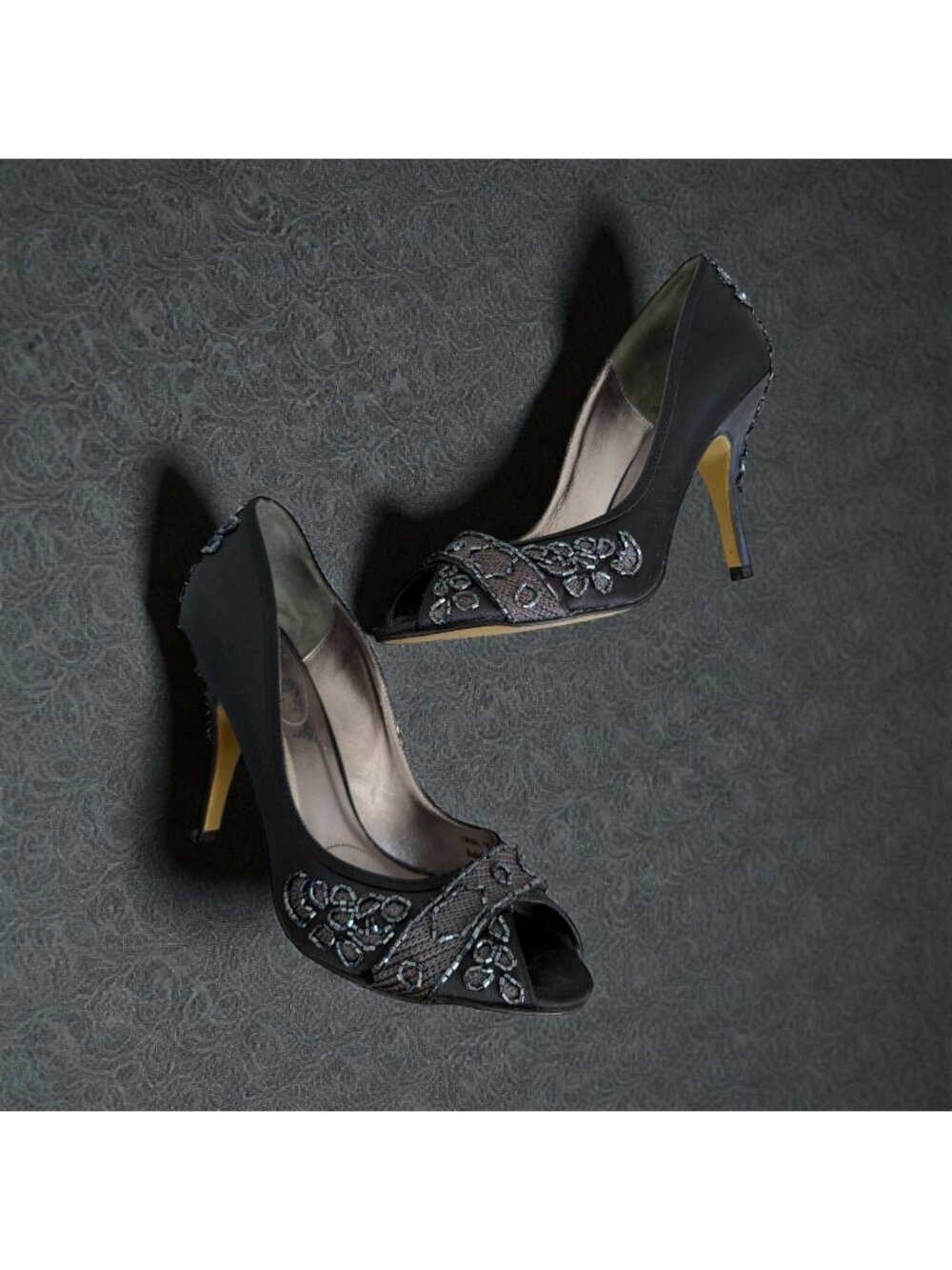 HOUSE OF DEREON Beyonce Black Satin Embroidered Beaded Heels Size 7.5